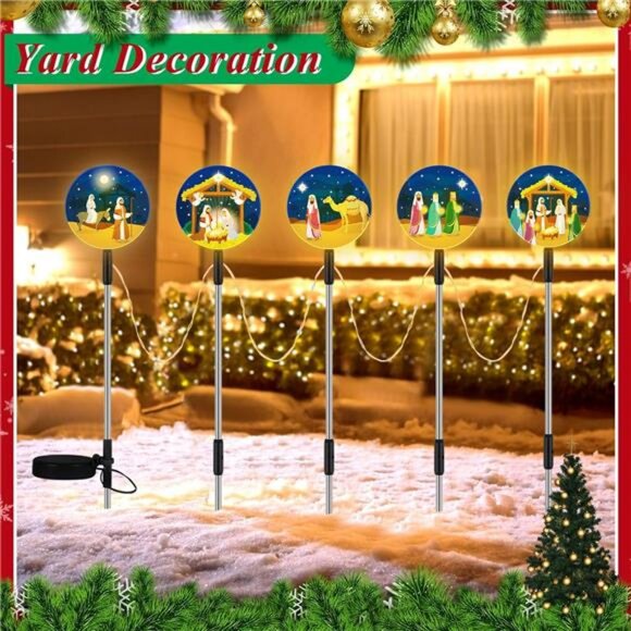 Solar Light Christmas Outdoor Decorations 5-in-1 Yard Nativity Lights Stakes - Picture 7 of 8